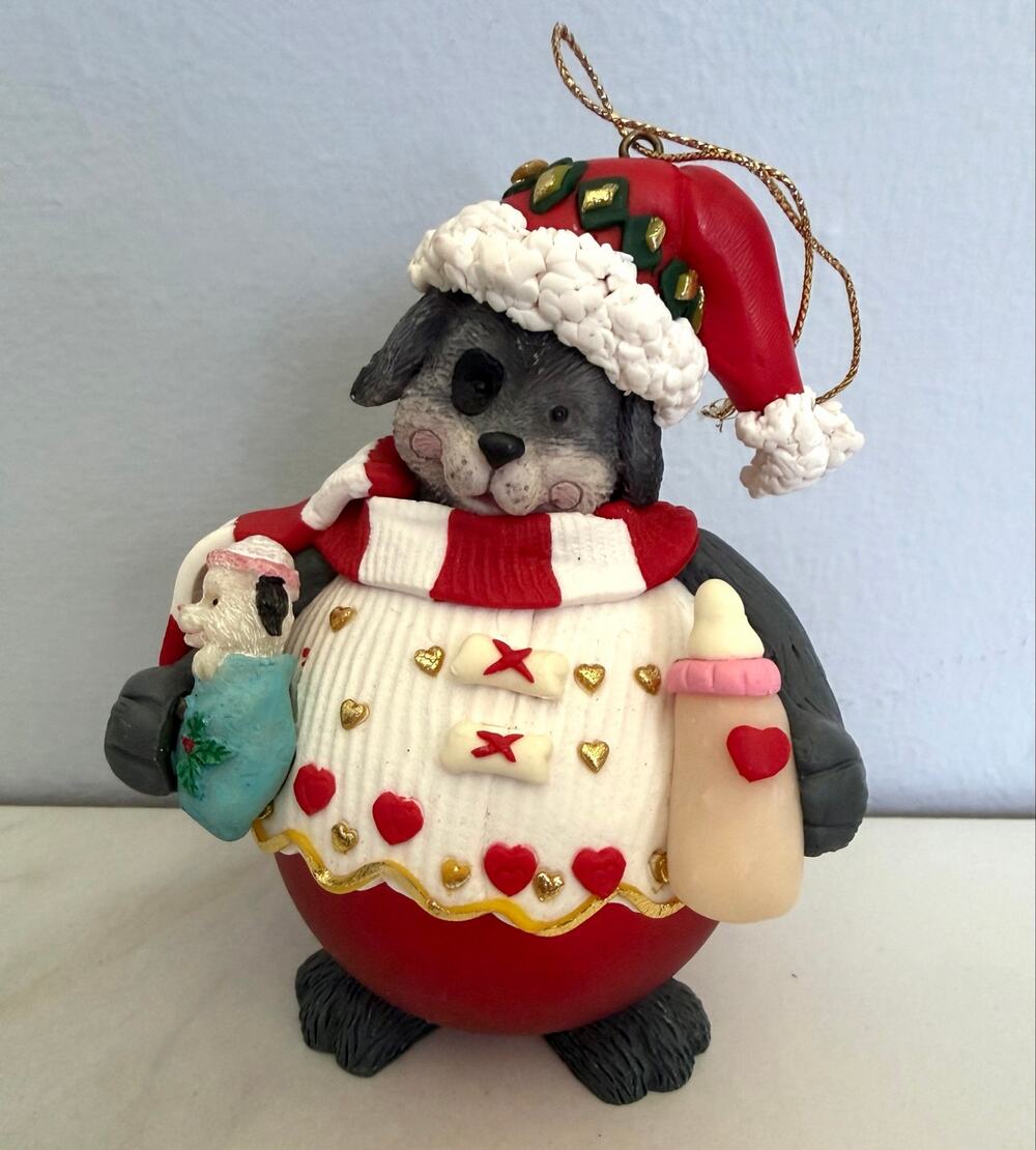 Vintage Traditions Glass & Clay Christmas Ornament Dog Puppy Baby Bottle In Box
